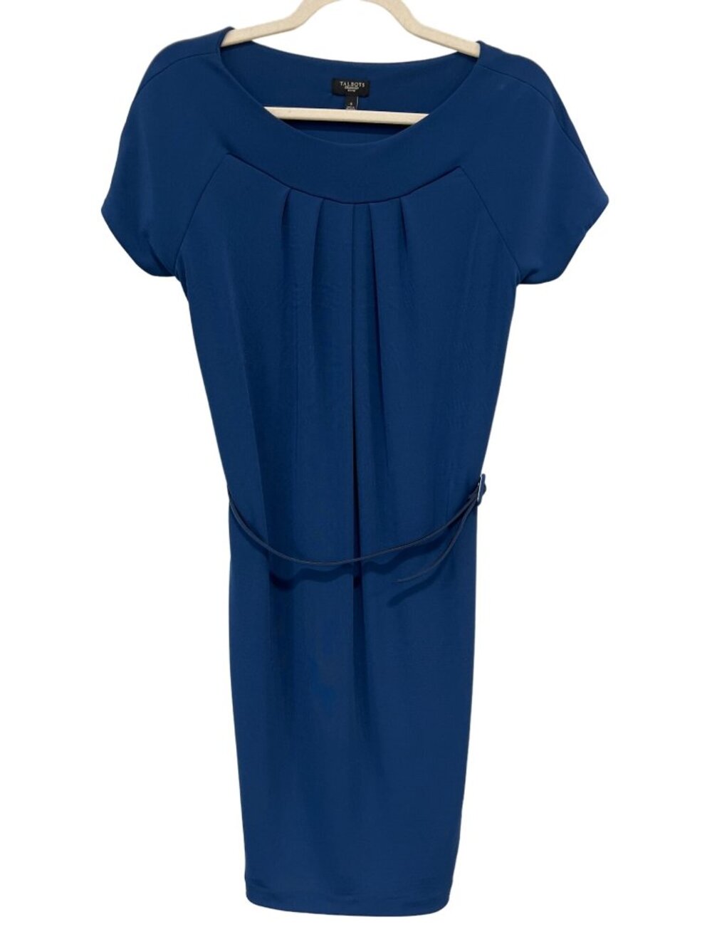 Talbots Dress Small Short Sleeve Belted Pleated Neck Blue Career Business Office